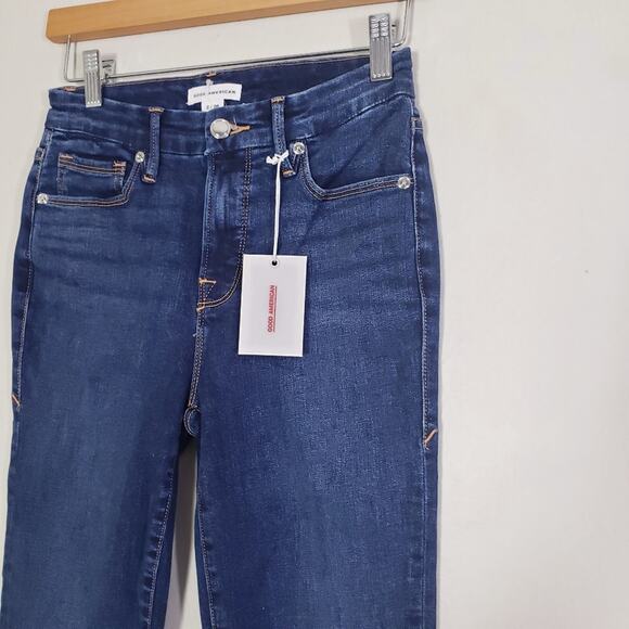 Good American Good Legs Skinny Jeans Raw Hem Stretch Dark Denim NWT 2/26 - Picture 5 of 11
